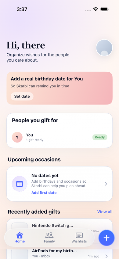 Skarbi home dashboard with people and upcoming occasions