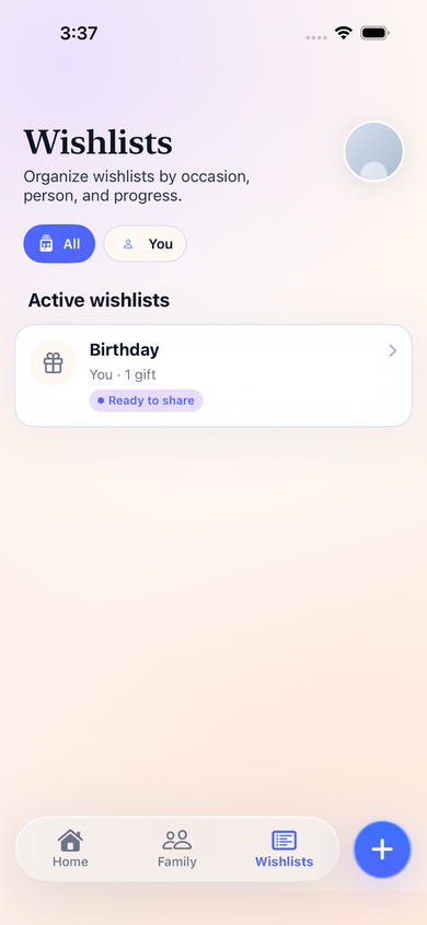 Skarbi family overview showing people, occasions, and wishlists
