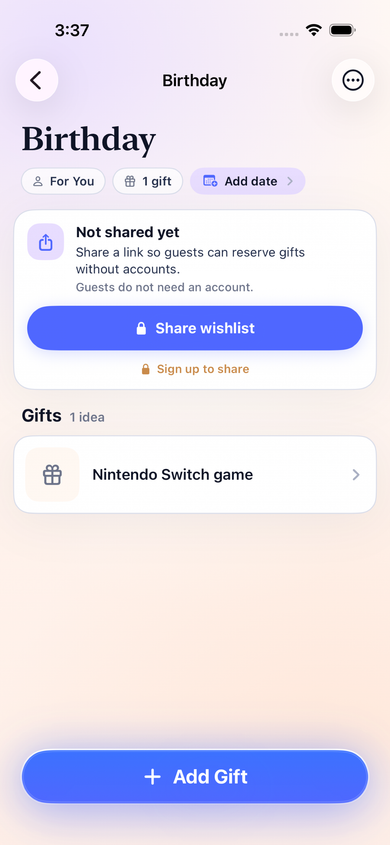 Skarbi wishlist detail showing gifts and reservation progress